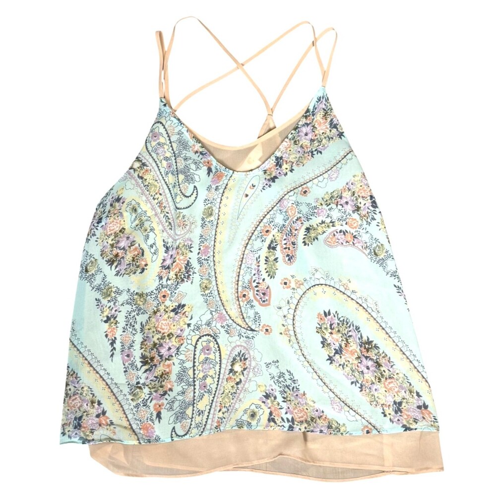 Chicos Multi Strap Blouse Small Pastel Green Floral Paisley Beige Layer Feminine